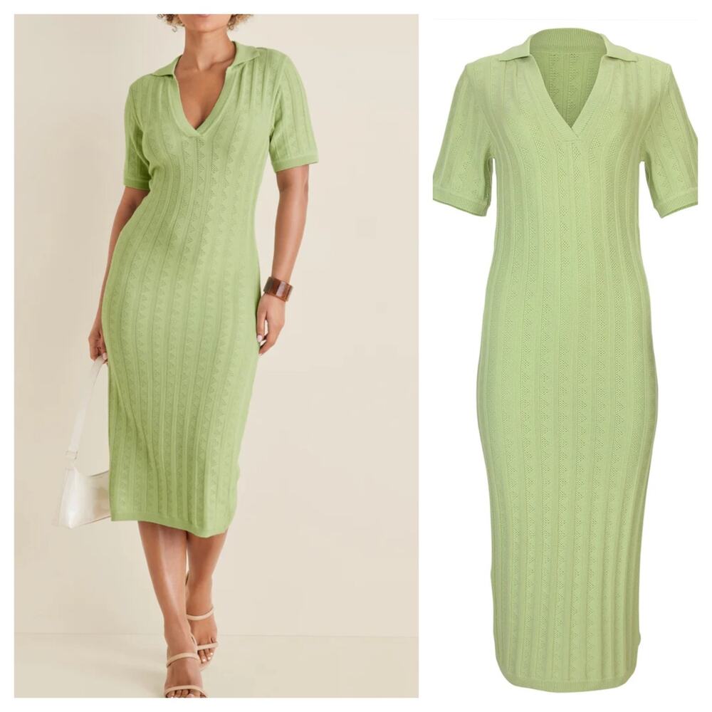 Venus Midi Dress L Green Pointelle Bodycon Knit Coastal Grandmother Soft Girl